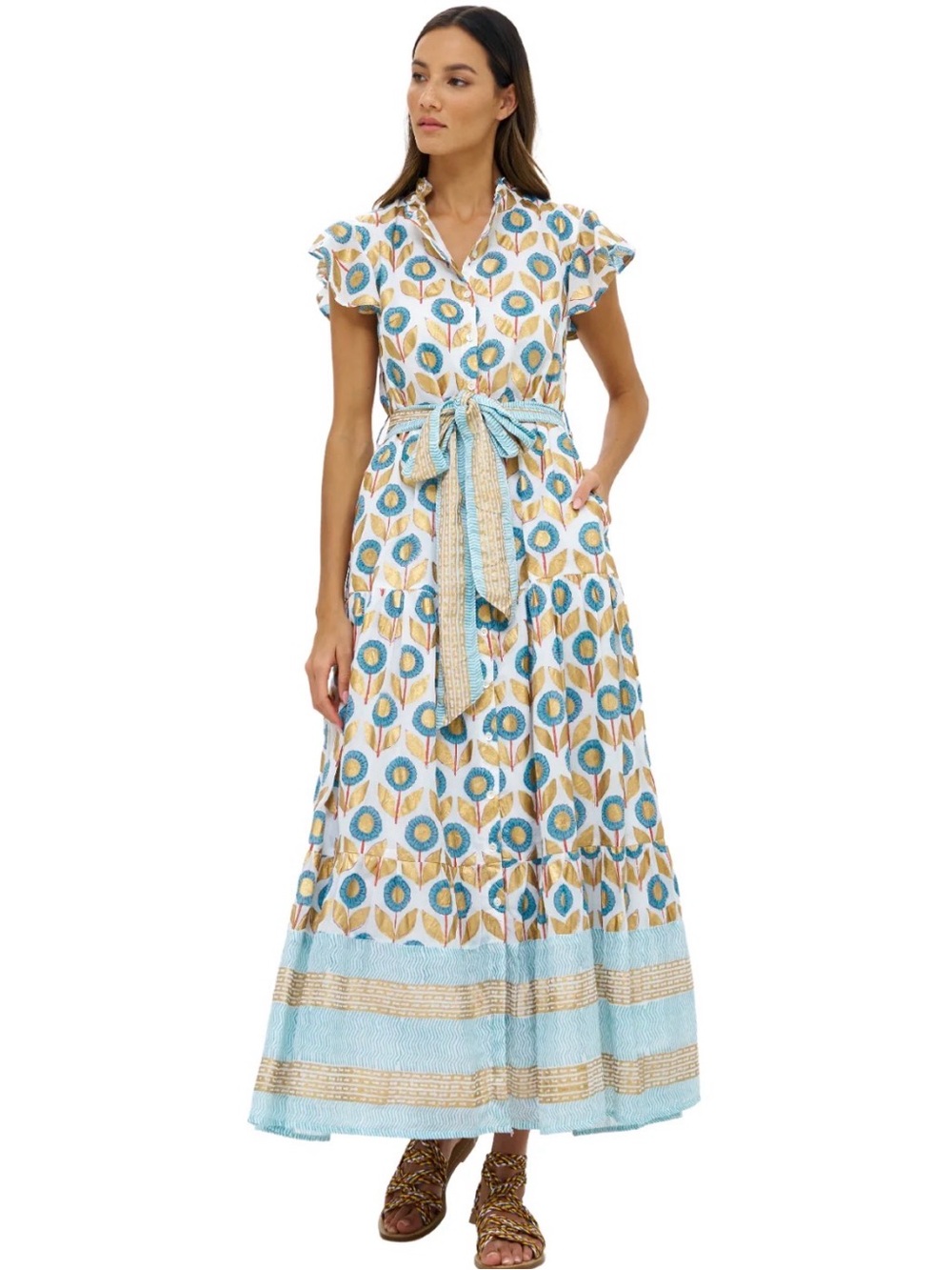 Oliphant Touraine Blue, White & Gold Floral Maxi Dress with Tie Waist
